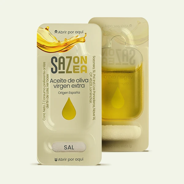 Monodosis de Aceite de Oliva Virgen Extra (14 ml) con Sal Incluida (1gr) (Caja 300uds) Envío incluido.